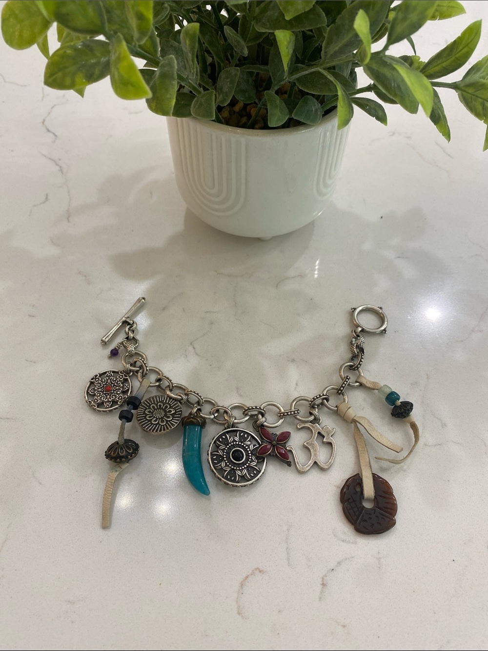 Lucky Brand Silver-Tone Charm Bracelet with Turquoise and Brown Accents